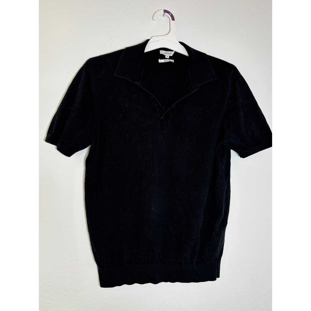 Arne Mens Silk Blend Knit Polo Shirt Black Short Sleeve Size Medium Luxury